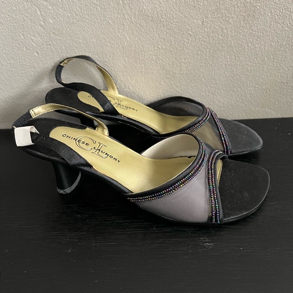 Chinese Laundry Women’s Black Beaded Mesh Fabric Kitten Slingback Party Heels 6 - Picture 3 of 5